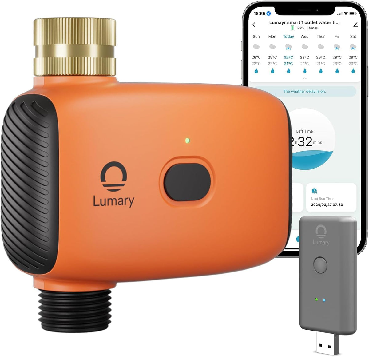 Lumary WiFi water timer with hub enables remote irrigation control via the app.