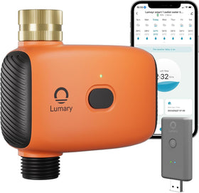 Lumary WiFi water timer with hub enables remote irrigation control via the app.