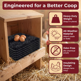 Custom-fit nesting pads adapt to various coop sizes.
