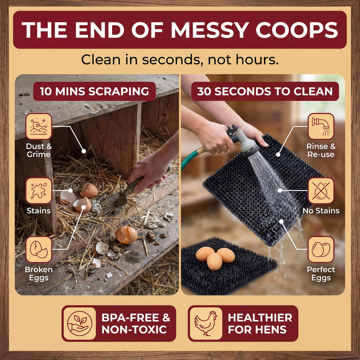 Easy-to-clean nesting pad keeps coop tidy and hens content.