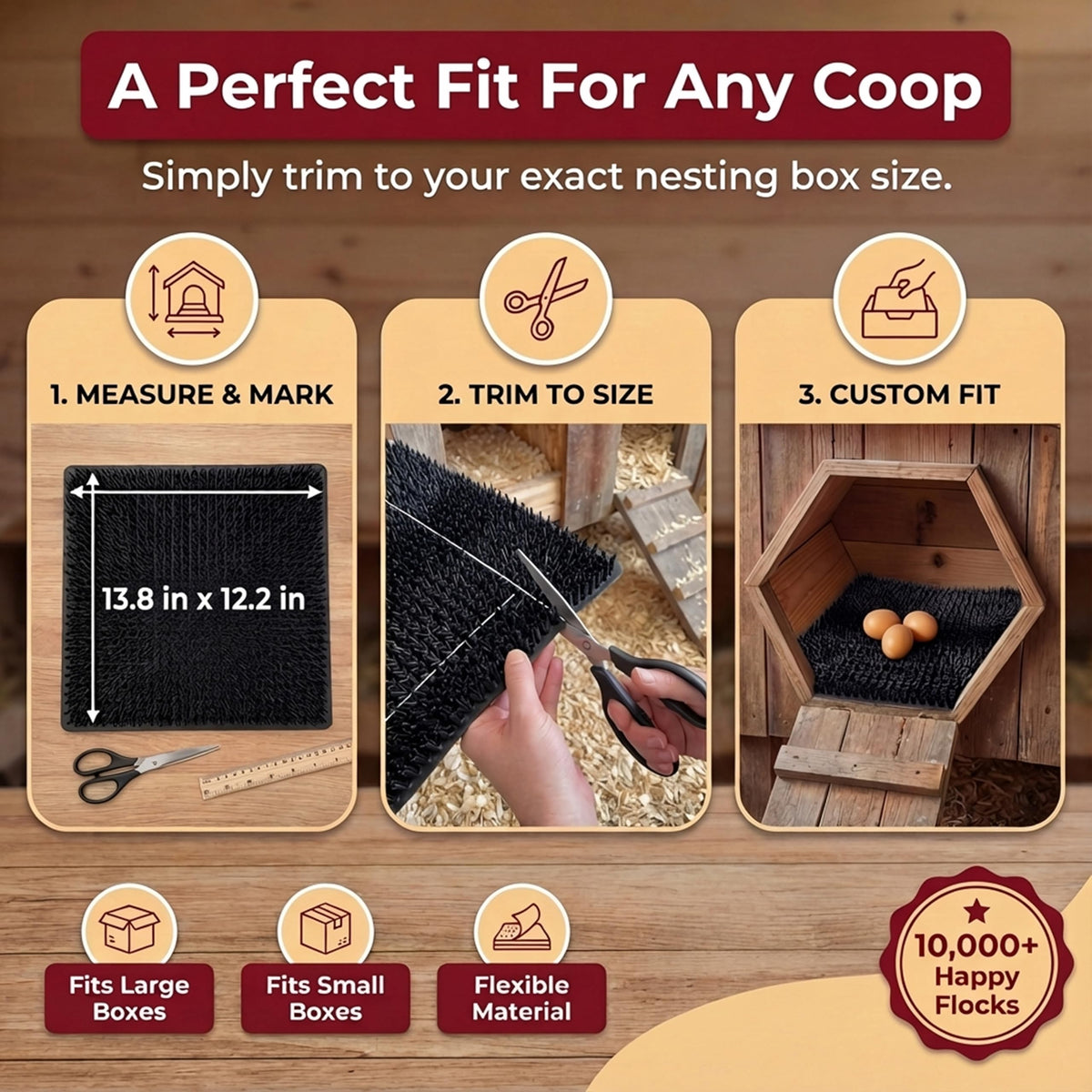 Peck-resistant design extends pad life in busy coops.