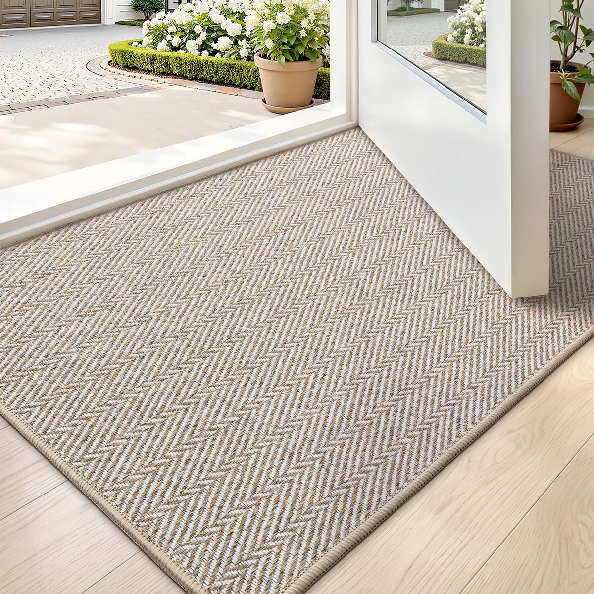 LUMI Ultra Thin Door Mat in beige with low-profile design for seamless under-door placement.