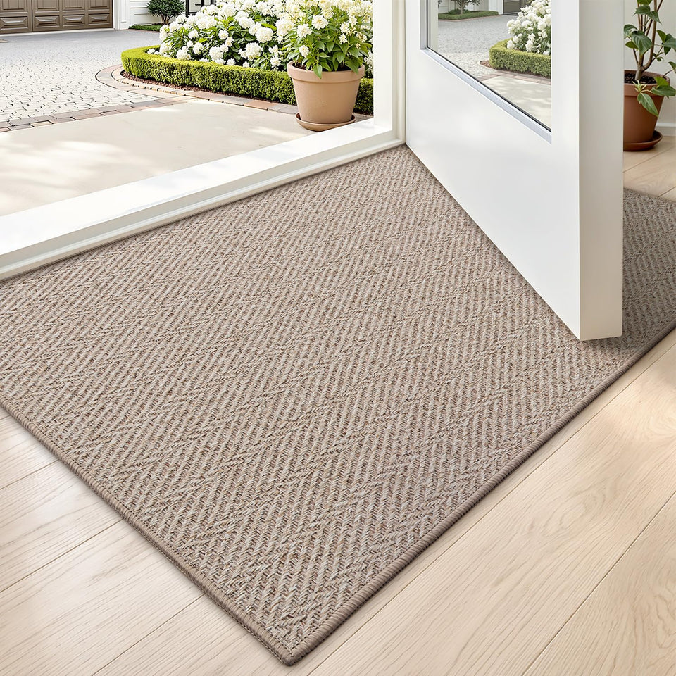 LUMI ultra-thin door mat at entrance; low profile, easy under-door fit