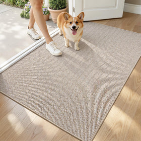 LUMI Ultra Thin Door Mat 32x48 in beige herringbone for a slim entryway look.