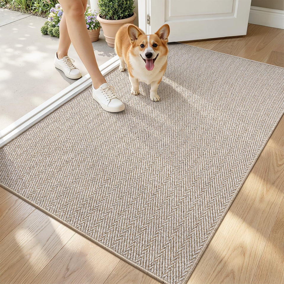 LUMI Ultra Thin Door Mat 32x48 in beige herringbone for a slim entryway look.