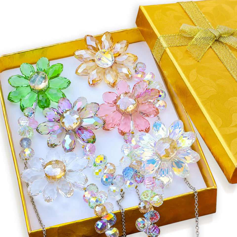 Lumiti crystal sunflower suncatchers display colorful flowers casting rainbow dots on windows