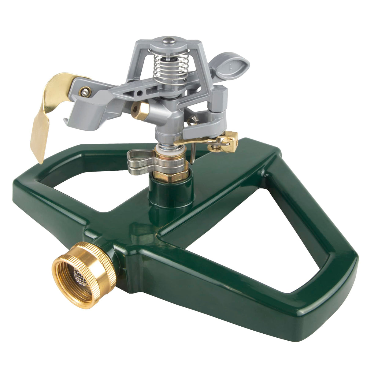 Lumzebqra yard sprinkler with metal base for stable watering on uneven ground.