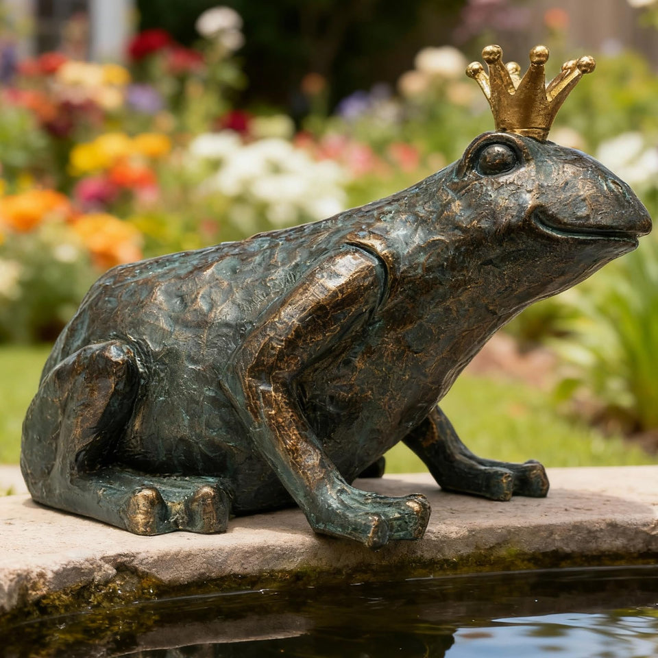 Lune cle crouching frog prince garden statue adds whimsy to outdoor spaces.