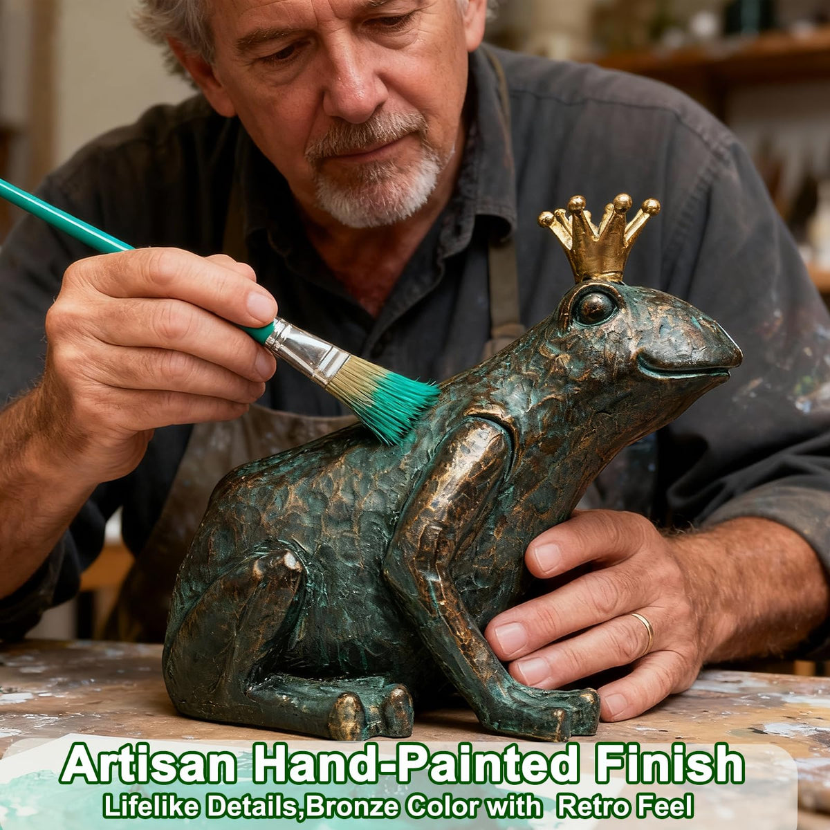 Lune cle hand-painted bronze frog figurine showcases detailed texture and patina.