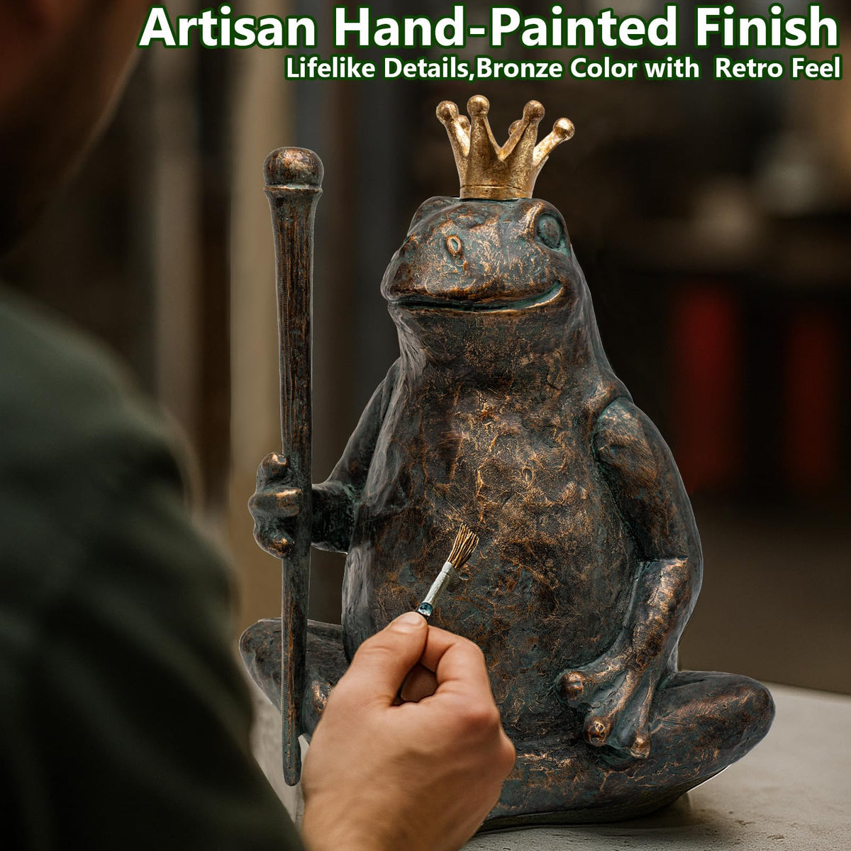 Lune cle Prince Frog with crown and scepter enhances yard whimsy.