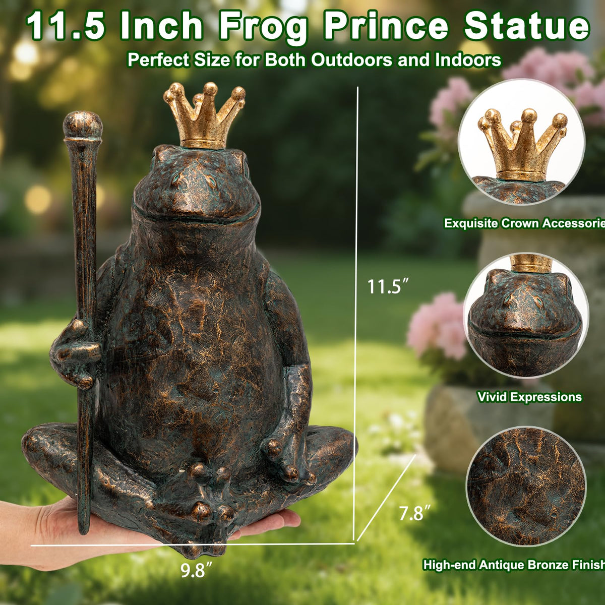 Weather-resistant frog statue made of resin withstands rain and sun.