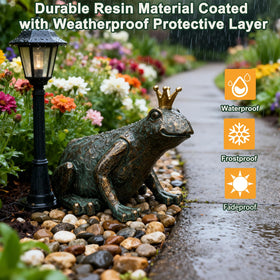 Lune cle weather-resistant resin frog figurine endures sun and rain with care.