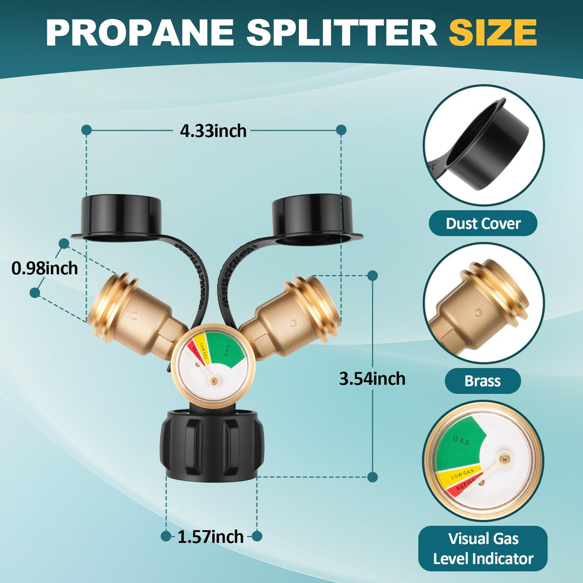 Luney propane splitter close-up of brass construction for durability outdoors