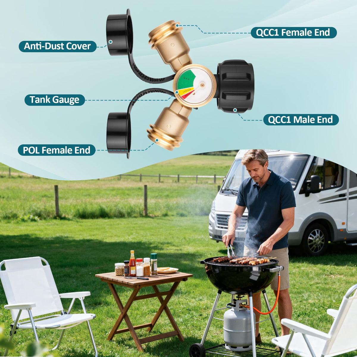 Luney propane splitter used with patio heater and grill simultaneously