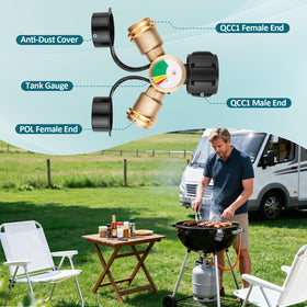 Luney propane splitter used with patio heater and grill simultaneously