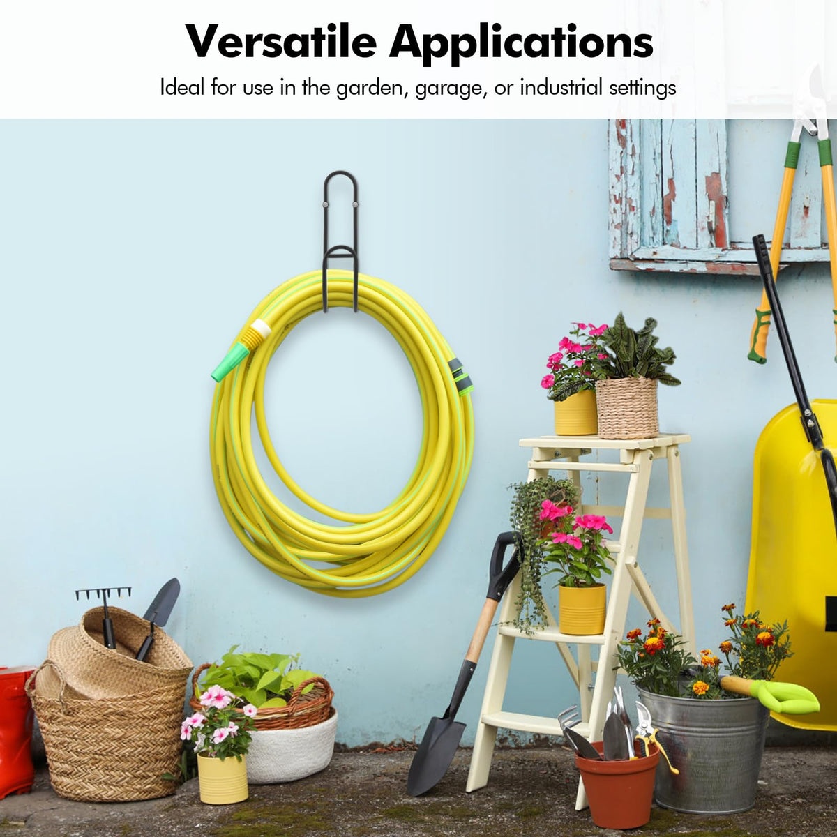 Lunhoo hose holder doubles as garage organizer for cords and leads.
