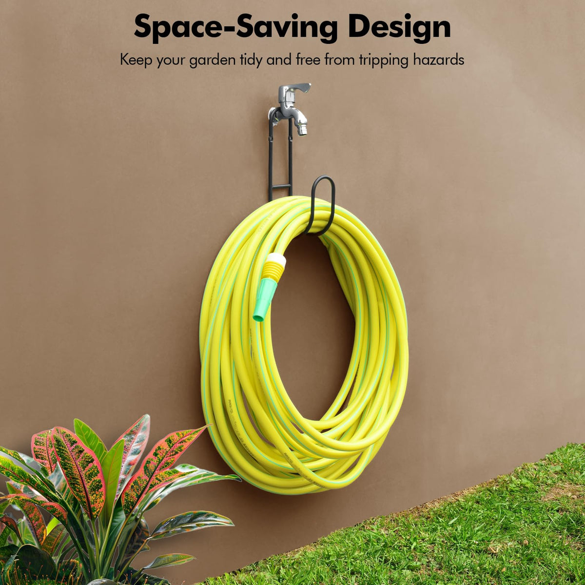 Lunhoo garden hose holder with mounting screws included for easy wall installation.