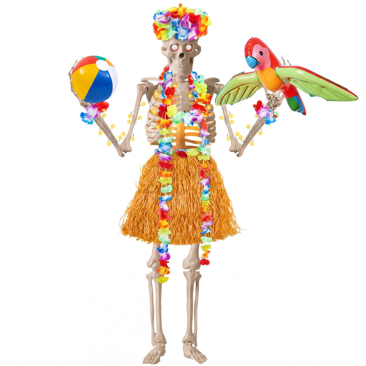 Lunmon Hawaiian grass skirt on a 12 ft skeleton for festive lawn decor.