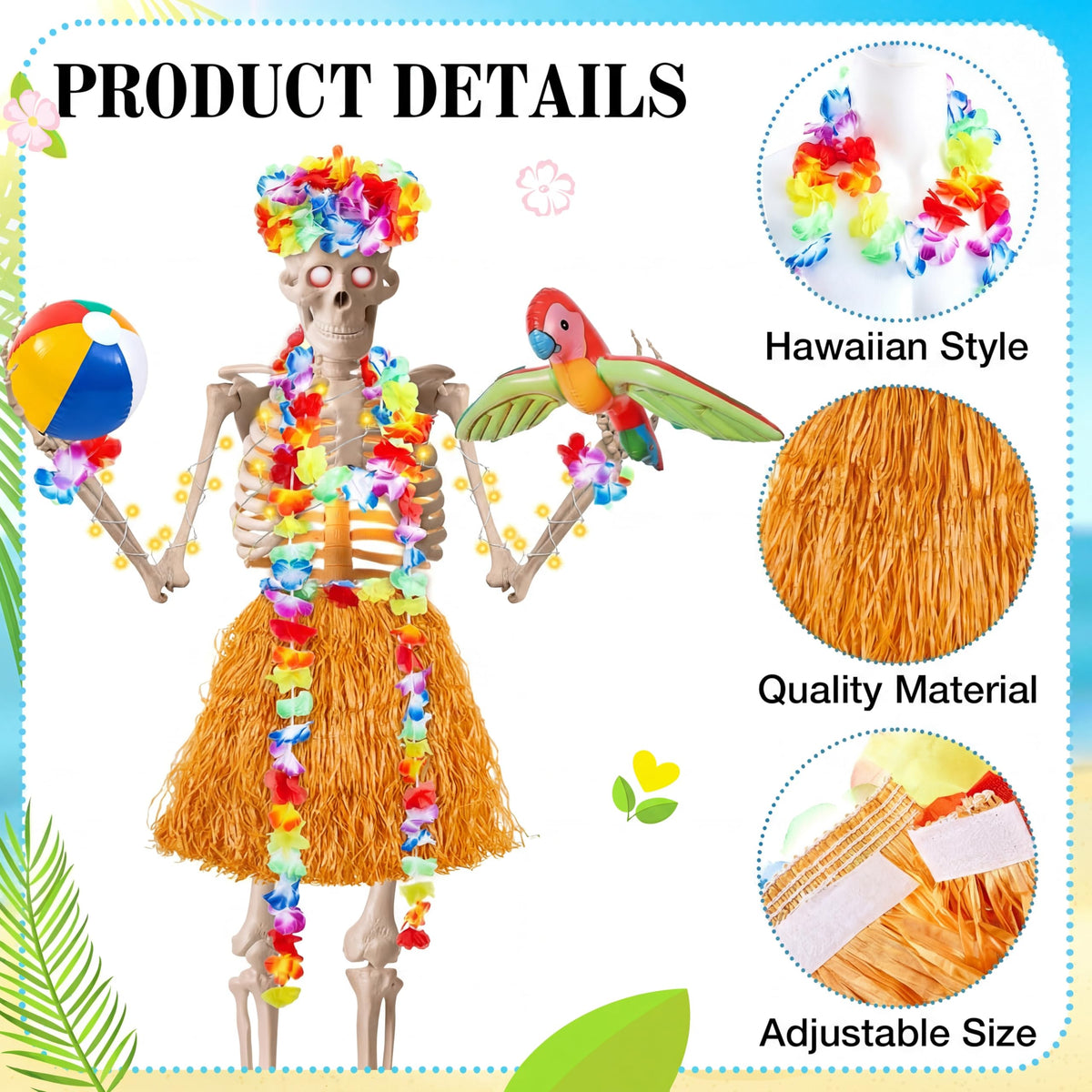 Lunmon tropical flower garland necklaces on a skeleton centerpiece.
