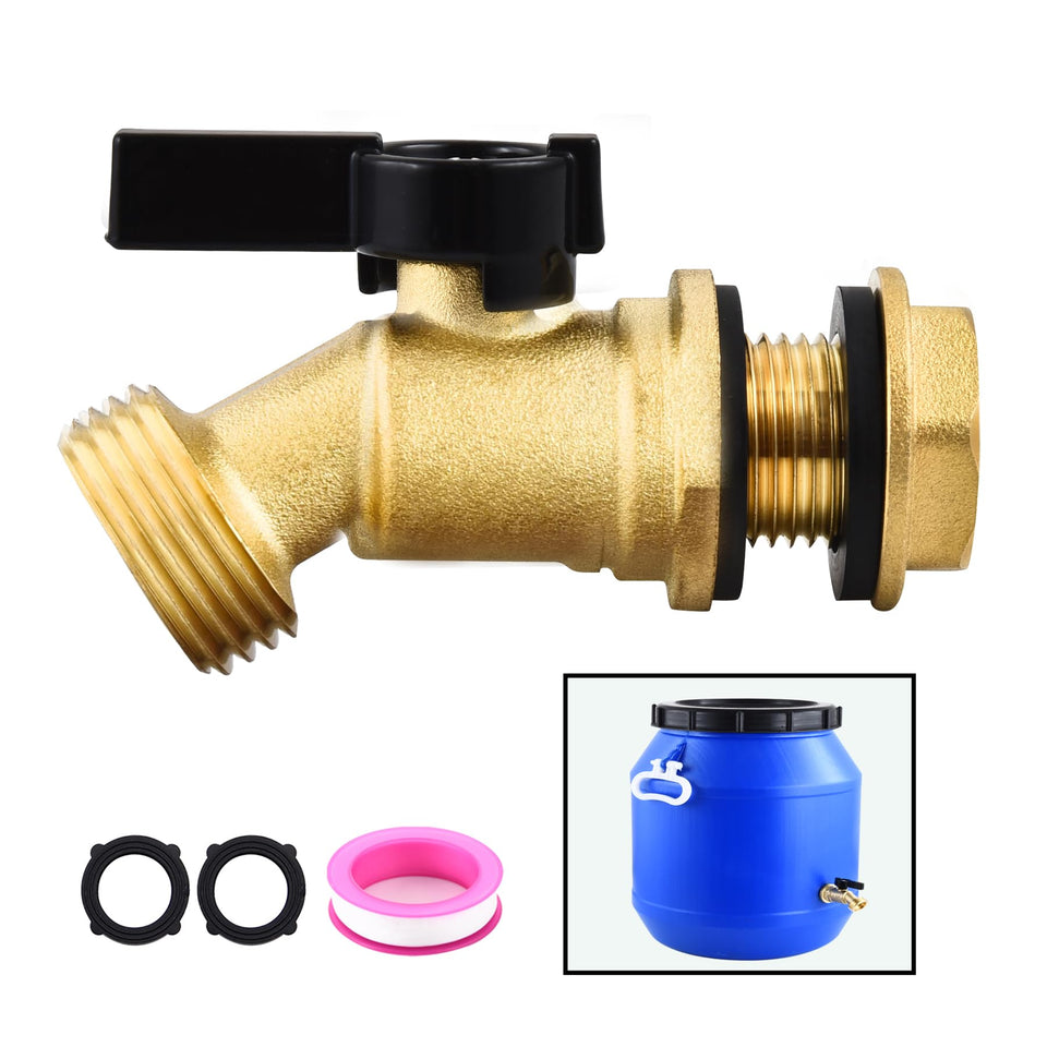 LUOFANT brass rain barrel spigot front view highlighting outdoor durability.