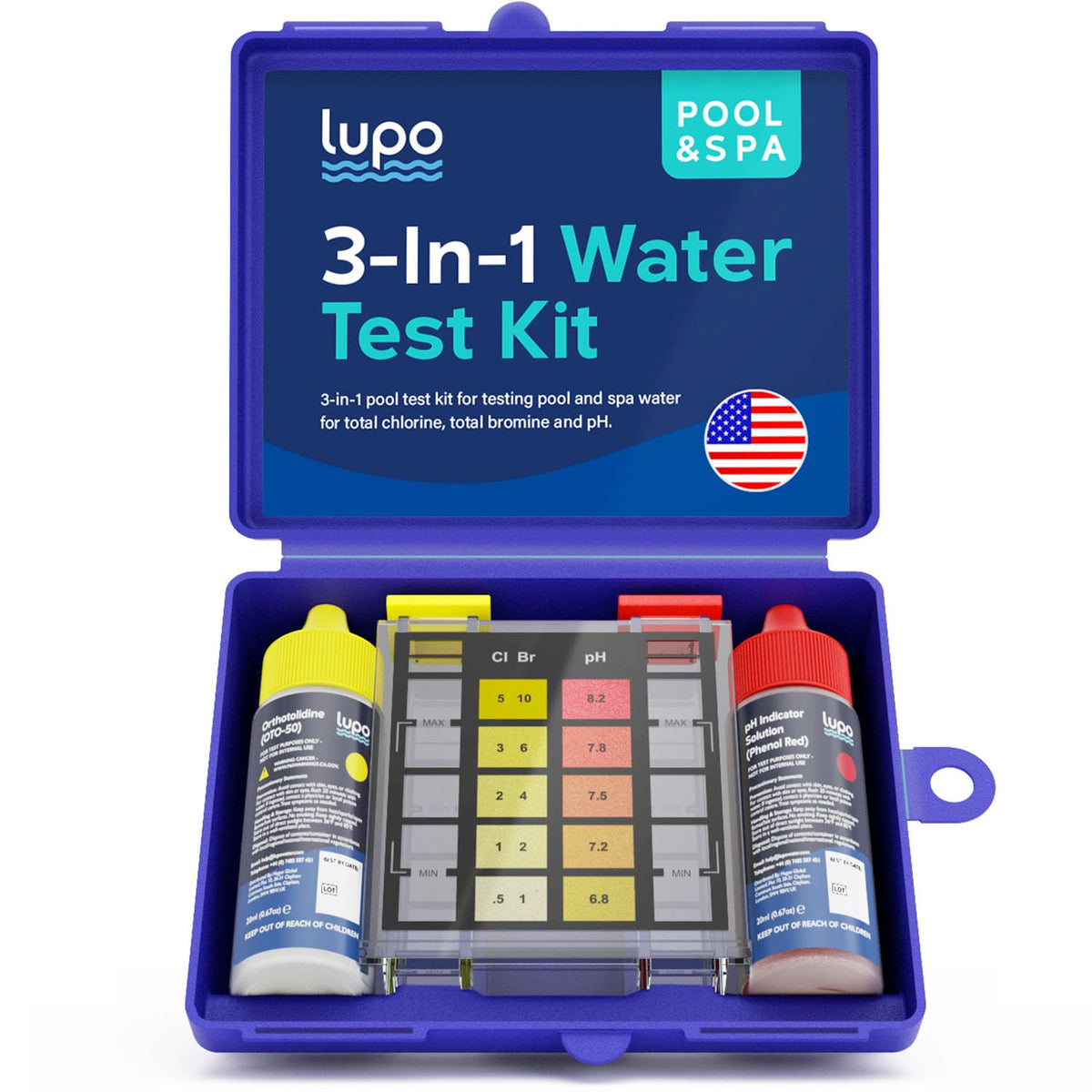 Lupo Global 3-in-1 pool test kit case for organized, on-the-go water testing.