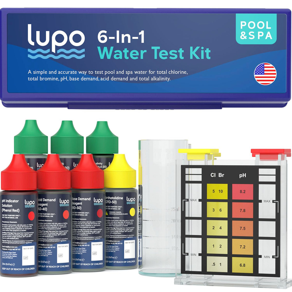 Lupo Global 6-in-1 pool test kit case for durable at-home testing