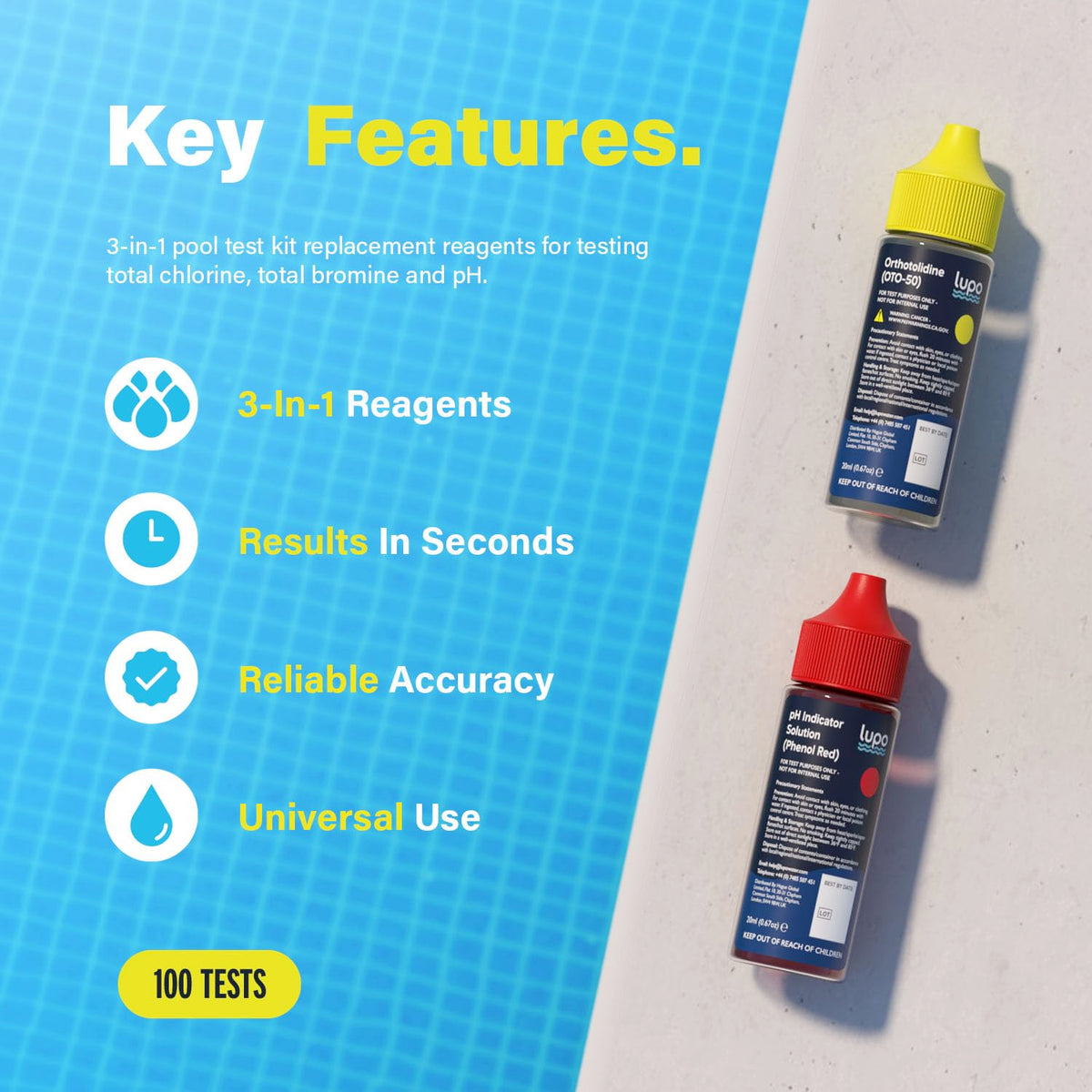 Lupo OTO reagent vial pictured for fast chemical testing results at home