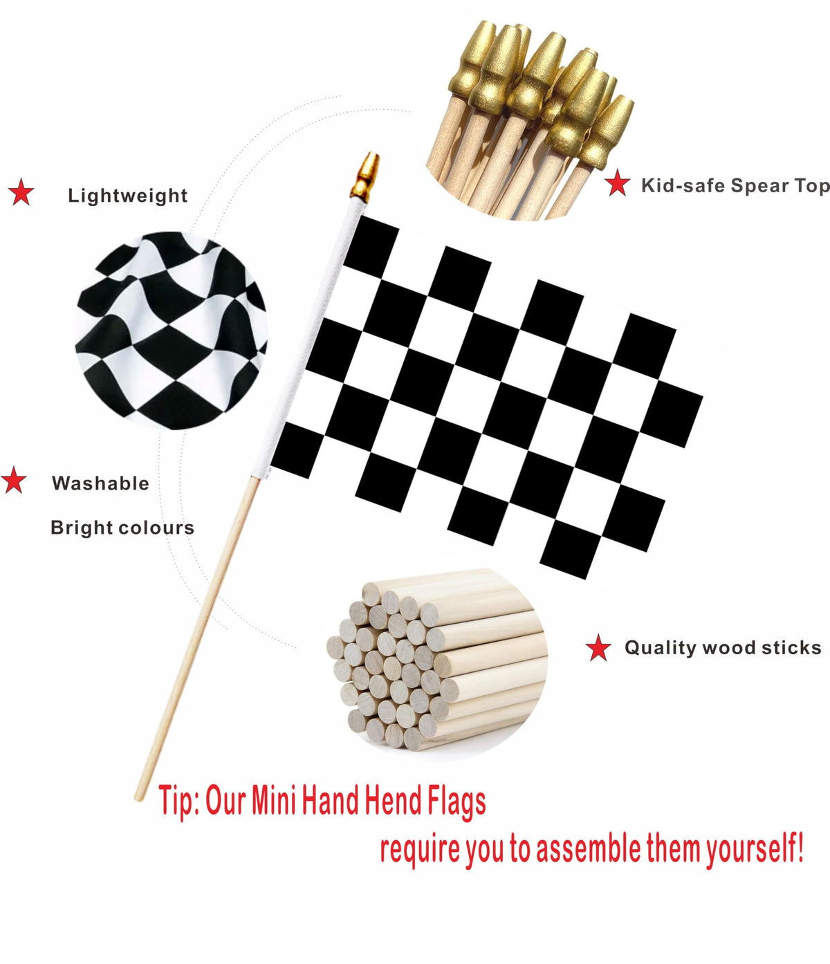 LUSEOAN mini checkered flag on wooden spearhead-safe pole for celebrations