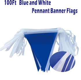 Close-up of vivid blue-white pennants on durable polyester fabric.