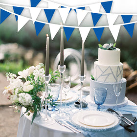 LUSEOAN pennant banner used as wedding decor setup with bright flags.