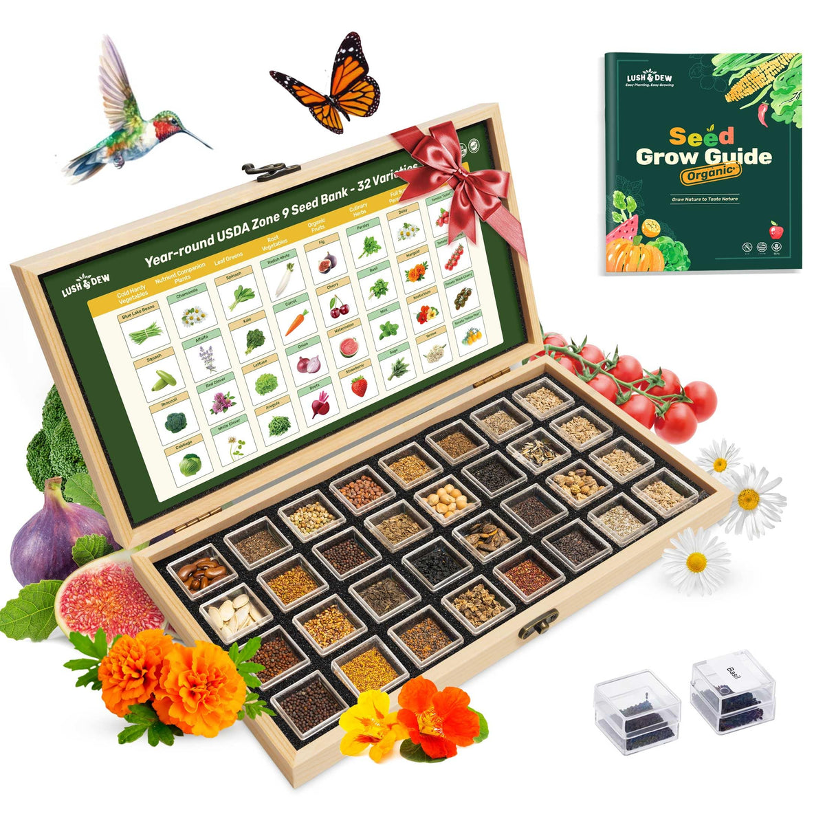 LUSH&DEW seed bank packaging shows 32 varieties for year-round planting and garden variety.