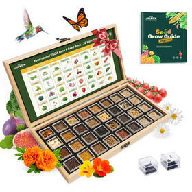 LUSH&DEW seed bank packaging shows 32 varieties for year-round planting and garden variety.