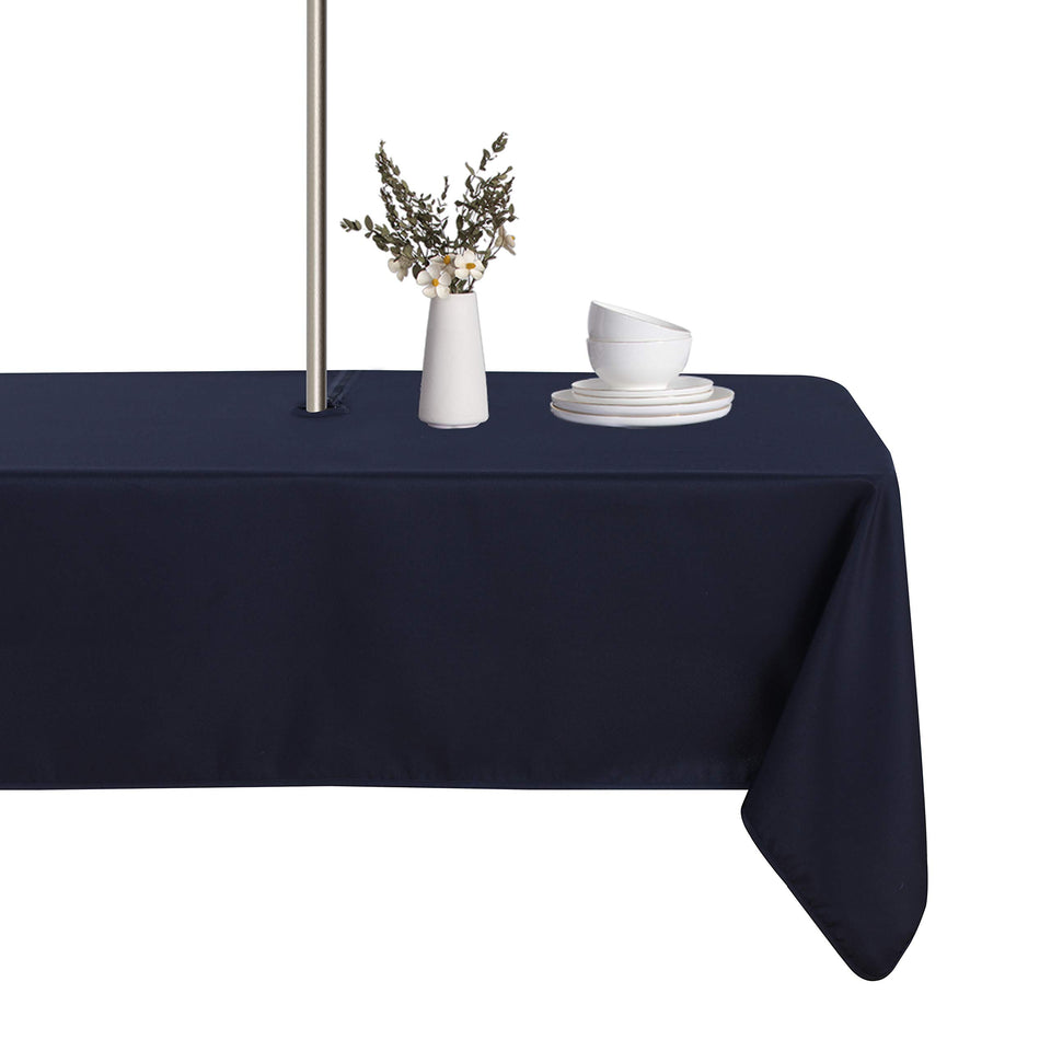 LUSHVIDA navy rectangle tablecloth with umbrella hole protects outdoor tables from spills.