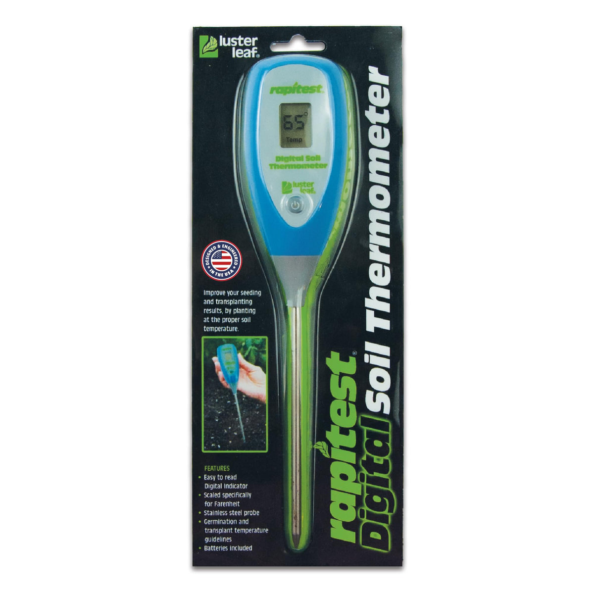 Luster Leaf 1625 in-use digital soil thermometer showing soil temperature for planting.