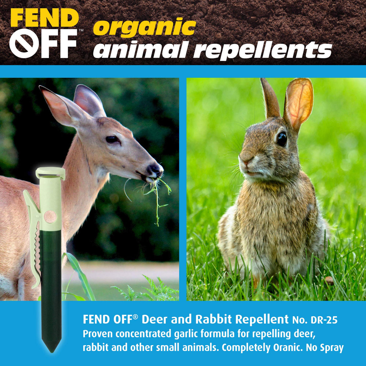 Luster Leaf Fend Off DR-25 clip in a planter box releases garlic odor over the season