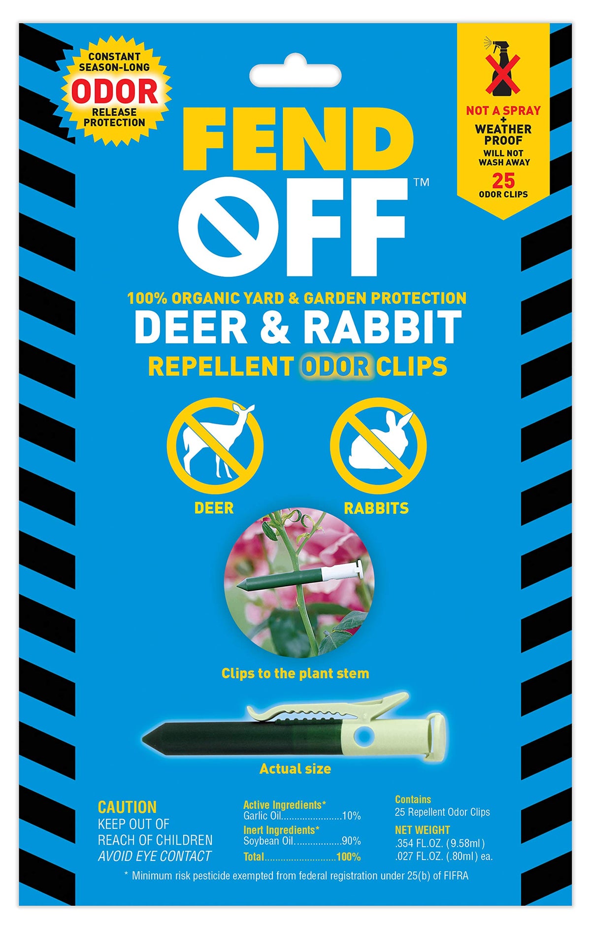 Luster Leaf Fend Off DR-25 clip on a tomato plant deters deer and rabbits with garlic scent