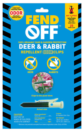 Luster Leaf Fend Off DR-25 clip on a tomato plant deters deer and rabbits with garlic scent