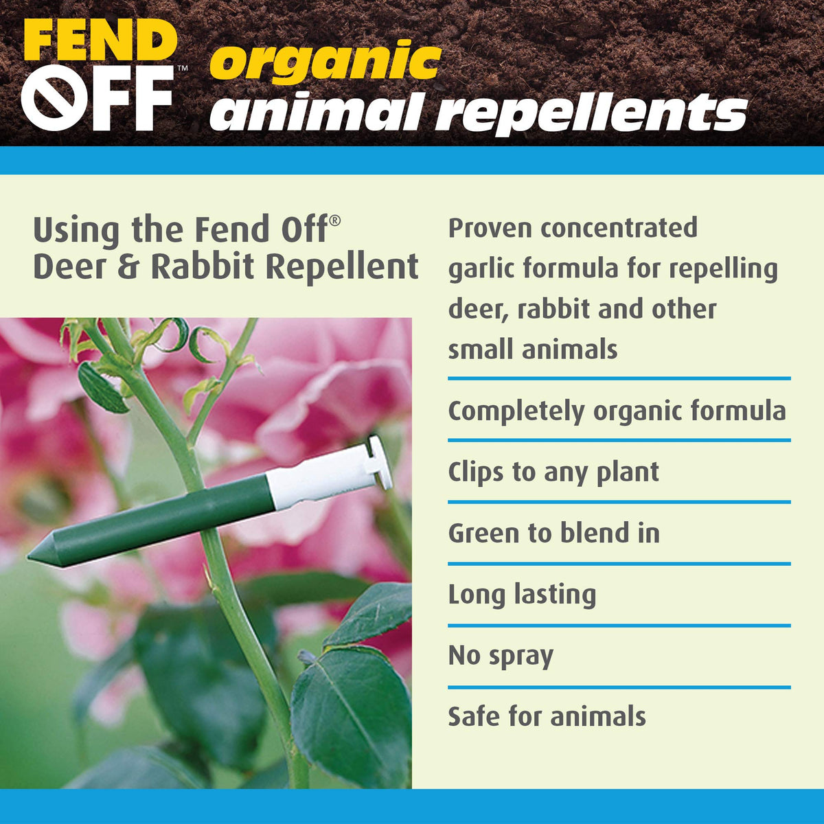 Luster Leaf Fend Off DR-25 clip near vegetable rows provides slow-release odor protection