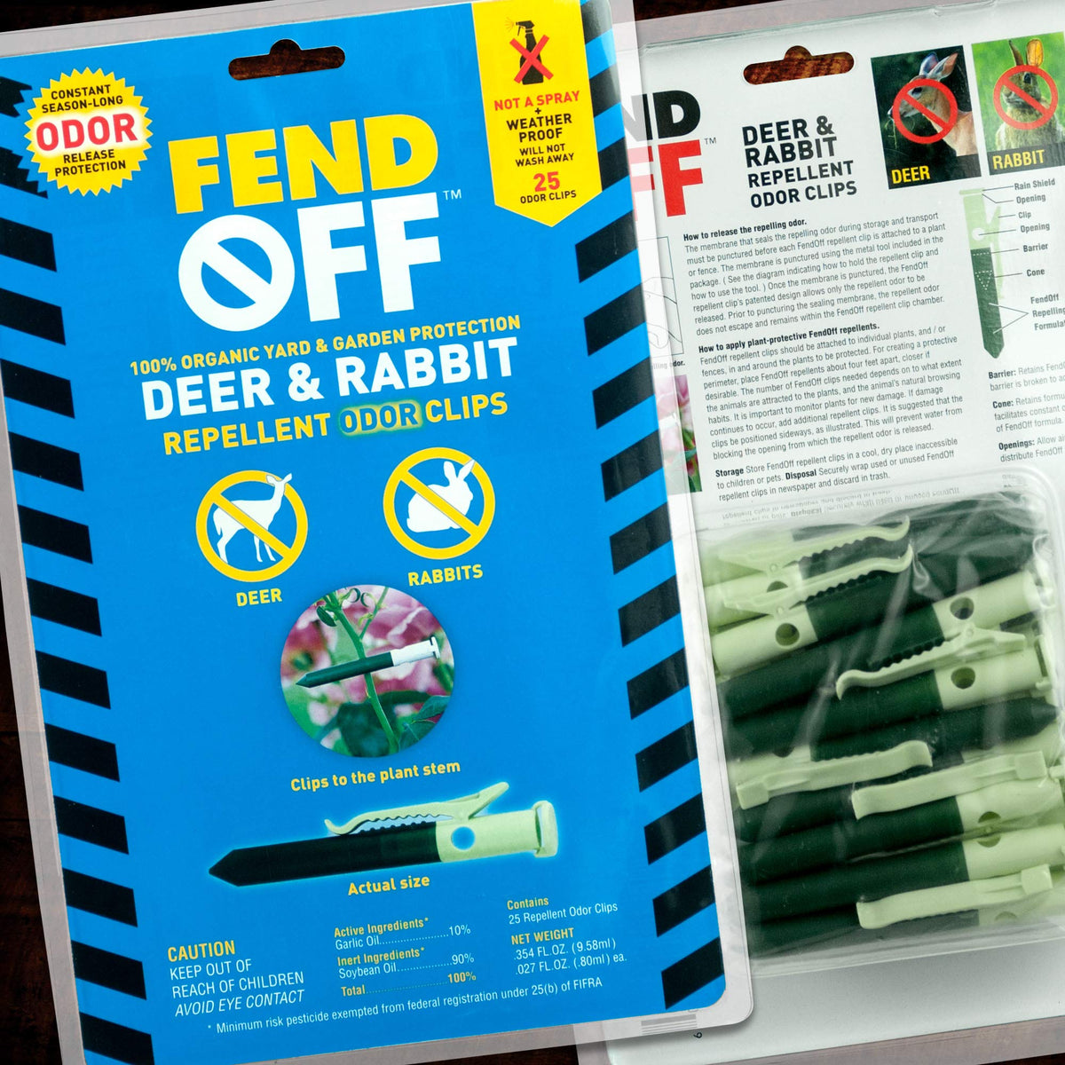 Luster Leaf Fend Off DR-25 clip attached to a stake deters rabbits from seedlings