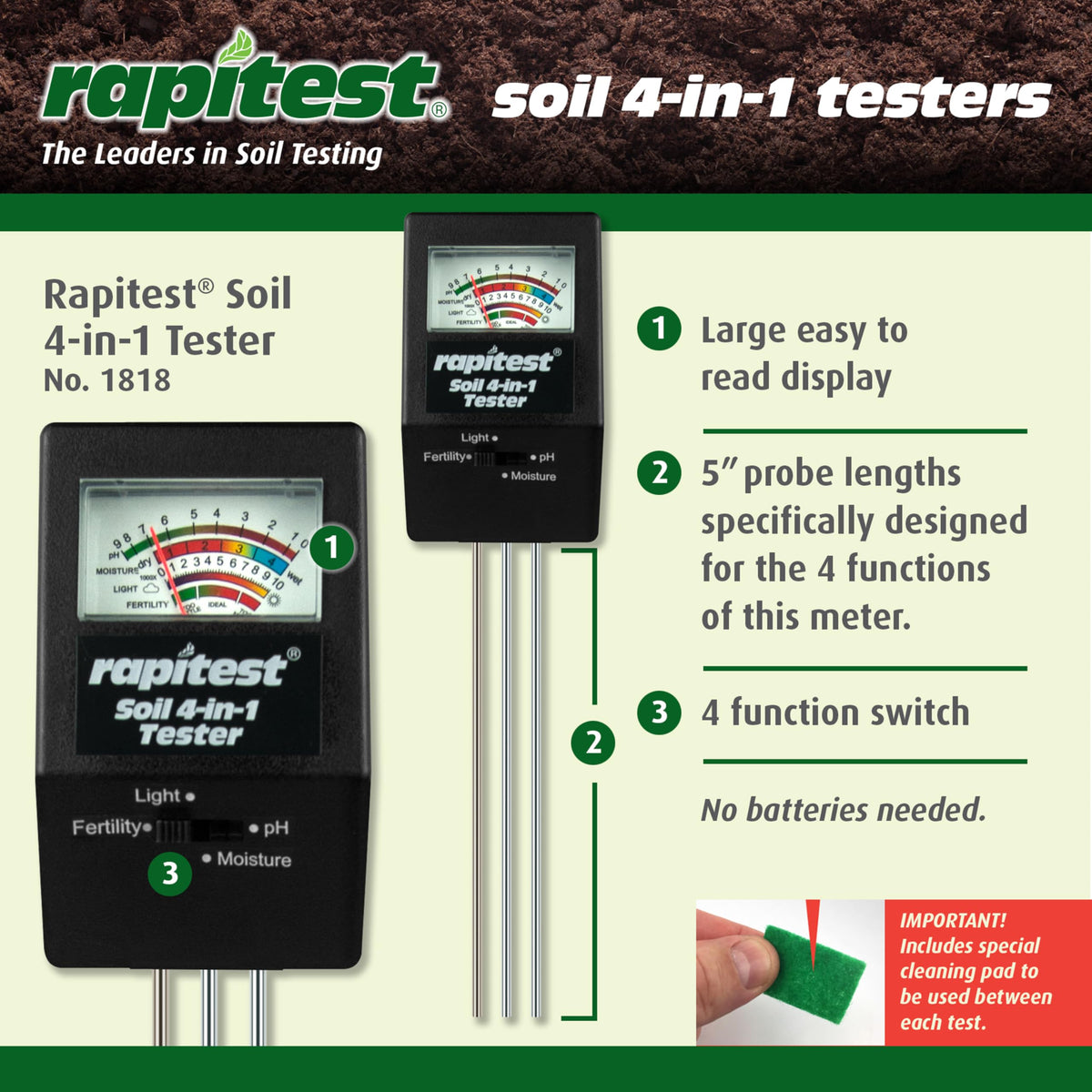 Luster Leaf Rapitest 4-in-1 fertility readout guides feeding strategies.