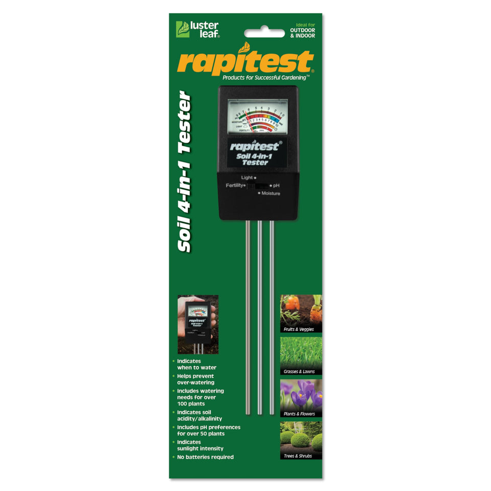 Luster Leaf Rapitest 4-in-1 in-soil probes close-up for accurate readings.