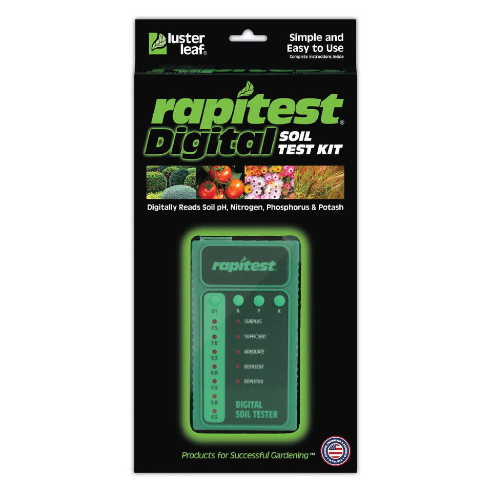 Luster Leaf Rapitest digital kit front view for quick on-the-go soil testing.
