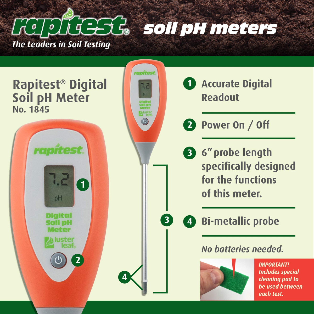 Luster Leaf Rapitest closeup probe for reliable soil contact