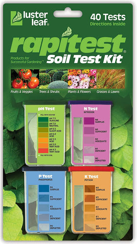 Luster Leaf Rapitest kit open pack showing soil testing components for home use.