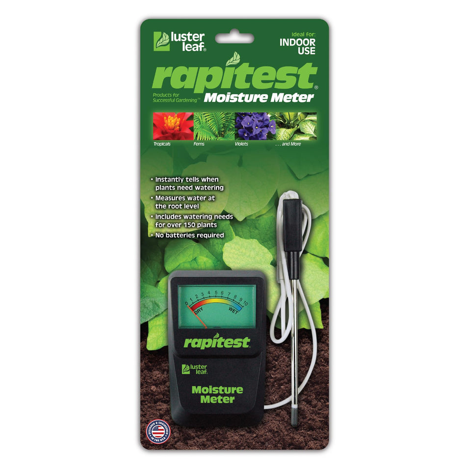 Luster Leaf Rapitest meter dial shows soil moisture level for easy watering.