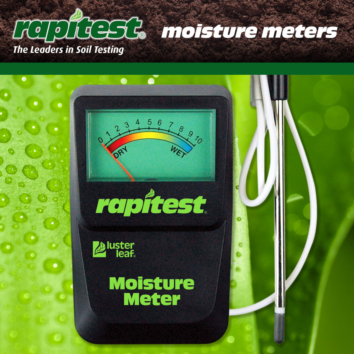 Luster Leaf Rapitest meter with tethered probe checks moisture near roots.