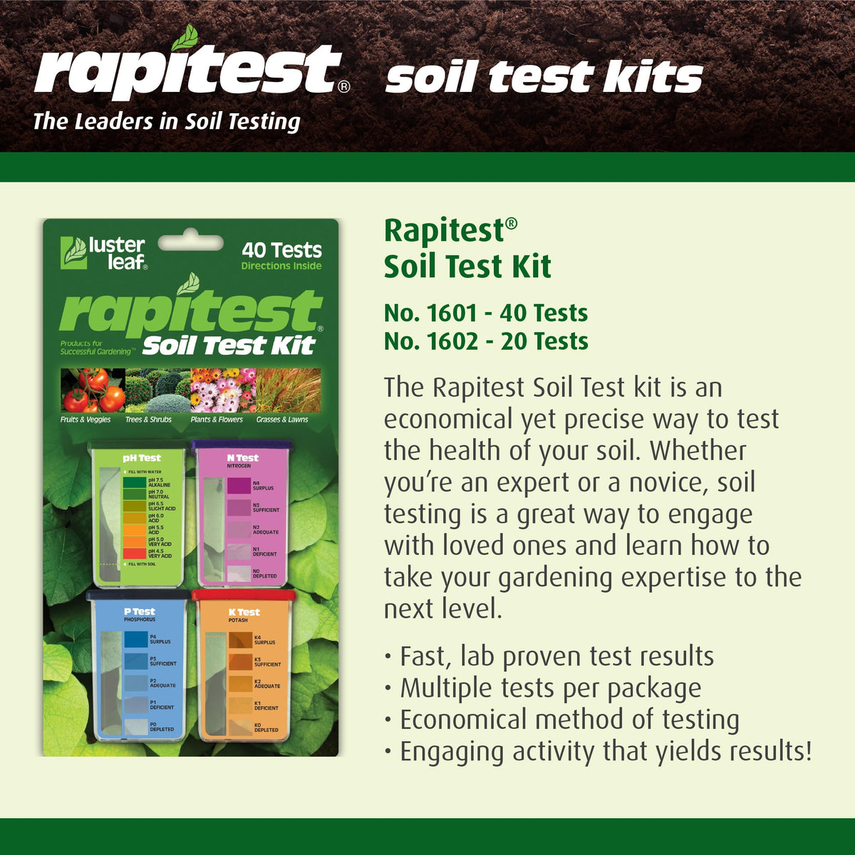 Luster Leaf Rapitest multi-spot testing enables thorough soil assessment across yard.