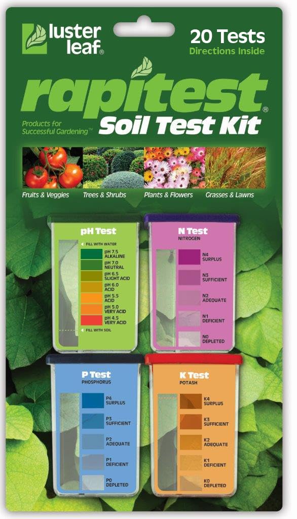 Luster Leaf Rapitest pH test reading soil acidity for plant care.