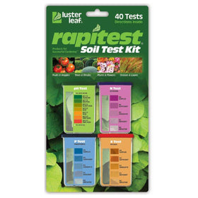 Luster Leaf Rapitest soil test kit box shows all-in-one testing for pH and nutrients.