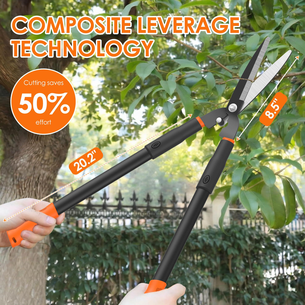 Luvenia hedge shears with 15-degree bevel blade delivering clean, precise cuts.